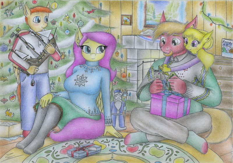 Size: 2329x1637 | Tagged: safe, artist:sinaherib, derpibooru import, big macintosh, fluttershy, oc, oc:snow blossom, oc:summer wind, anthro, pegasus, plantigrade anthro, christmas tree, clothes, female, fluttermac, hearth's warming, image, jpeg, male, offspring, parent:big macintosh, parent:fluttershy, parents:fluttermac, present, ship, shipping, straight, sweater, sweatershy, traditional art, tree