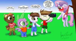 Size: 1280x693 | Tagged: safe, artist:avionscreator, artist:warpwarp1929, derpibooru import, button mash, featherweight, pipsqueak, spike, sweetie belle, dragon, earth pony, pegasus, pony, semi-anthro, unicorn, bipedal, blushing, butt, camera, clothed male nude female, clothes, colt, degradation, embarrassed, embarrassed underwear exposure, exposed, female, filly, frilly underwear, hanging wedgie, humiliation, male, overalls, panties, partial nudity, pink underwear, plot, public humiliation, strawberry underwear, topless, underwear, wardrobe malfunction, wedgie