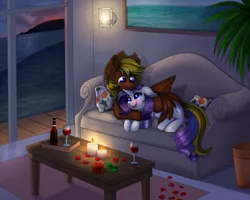 Size: 8000x6400 | Tagged: safe, artist:confetticakez, derpibooru import, rarity, oc, pegasus, pony, absurd resolution, blushing, candle, canon x oc, couch, floppy ears, flower, hat, hug, ocean, rose, rose petals, shipping, snuggling, table, twilight (astronomy), water, wine bottle, wine glass, winghug