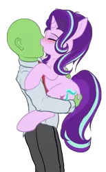 Size: 1179x1920 | Tagged: suggestive, artist:duop-qoub, derpibooru import, starlight glimmer, oc, oc:anon, human, pony, unicorn, blushing, butt grab, chest fluff, eyes closed, female, grope, hand on butt, holding a pony, kissing, male, simple background, straight, transparent background