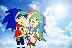 Size: 1800x1200 | Tagged: safe, artist:cylent-nite, artist:trungtranhaitrung, derpibooru import, rainbow dash, human, equestria girls, crossover, crossover shipping, equestria girls outfit, humanized, interspecies, male, remastered, shipping, sky, sonic the hedgehog, sonic the hedgehog (series), sonicdash, straight, sun