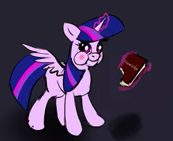 Size: 791x644 | Tagged: safe, artist:xbi, derpibooru import, twilight sparkle, twilight sparkle (alicorn), alicorn, pony, :t, aweeg*, bibliovore, black background, book, bookhorse, eating, female, knowledge, levitation, looking at you, magic, mare, pica, puffy cheeks, shadow, silly, silly pony, simple background, smiling, solo, spread wings, telekinesis, that pony sure does love books, wings