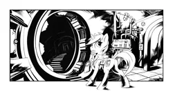 Size: 2550x1350 | Tagged: safe, artist:hobbes-maxwell, derpibooru import, oc, oc:littlepip, unofficial characters only, pony, unicorn, fallout equestria, fanfic, black and white, clothes, fanfic art, female, grayscale, horn, looking back, mare, monochrome, pipbuck, raised hoof, solo, stable, stable 2, stable door, vault suit