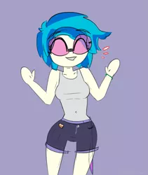 Size: 1687x2000 | Tagged: safe, artist:deafpunk, derpibooru import, vinyl scratch, equestria girls, arms wide open, bracelet, clothes, eyes closed, glasses, jewelry, lanyard, short hair, shorts, smiling, solo, sunglasses, tanktop, thigh gap