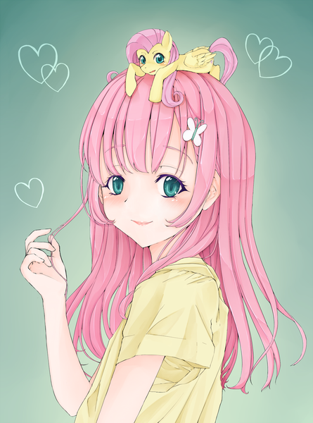 Size: 1250x1684 | Tagged: artist:d-tomoyo, blushing, clothes, colored pupils, cute, derpibooru import, fluttershy, gradient background, heart, human, humanized, human ponidox, looking at you, open mouth, pony hat, safe, self ponidox, shyabetes, smiling, smol, solo