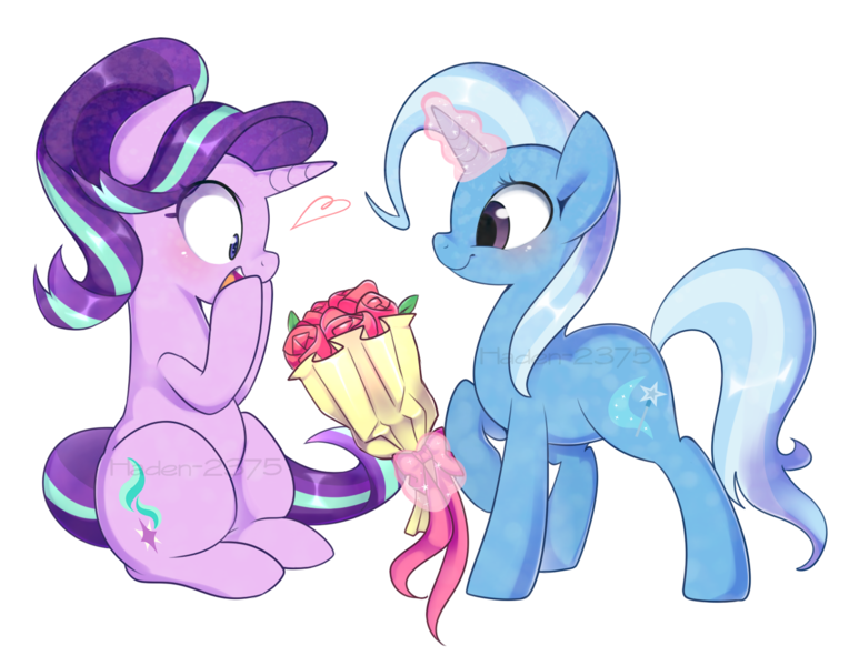 Size: 1400x1100 | Tagged: safe, artist:haden-2375, derpibooru import, starlight glimmer, trixie, pony, unicorn, blushing, bouquet, cute, cutie mark, diatrixes, female, flower, glimmerbetes, glowing horn, heart, lesbian, levitation, love, magic, mare, open mouth, outline, raised hoof, shipping, simple background, sitting, smiling, standing, startrix, teeth, telekinesis, transparent background, watermark