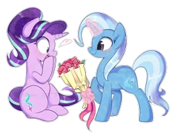 Size: 1400x1100 | Tagged: safe, artist:haden-2375, derpibooru import, starlight glimmer, trixie, pony, unicorn, blushing, bouquet, cute, cutie mark, diatrixes, female, flower, glimmerbetes, glowing horn, heart, lesbian, levitation, love, magic, mare, open mouth, outline, raised hoof, shipping, simple background, sitting, smiling, standing, startrix, teeth, telekinesis, transparent background, watermark