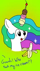 Size: 1440x2560 | Tagged: safe, artist:ag-poni, deleted from derpibooru, derpibooru import, princess celestia, pony, :p, banana, banana split, bananalestia, cherry, chocolate syrup, cute, everything is ruined, food, ice cream, implied princess luna, majestic as fuck, sillestia, silly, silly pony, solo, sprinkles, stealing, tongue out, tropical