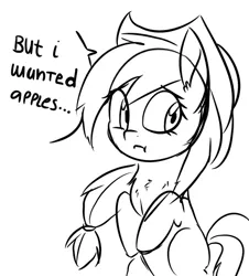 Size: 442x488 | Tagged: safe, artist:aureai-sketches, derpibooru import, applejack, earth pony, pony, :t, apple, black and white, chest fluff, dialogue, grayscale, looking back, monochrome, simple background, sketch, solo, speech bubble, that pony sure does love apples, white background