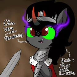 Size: 1080x1080 | Tagged: safe, artist:tjpones, derpibooru import, king sombra, pony, unicorn, bedroom eyes, dialogue, female, mare, offscreen character, open mouth, queen umbra, rule 63, sarcasm, shaking, smiling, solo focus, sword, trembling, unimpressed, weapon