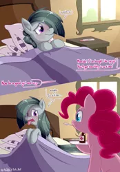 Size: 2013x2896 | Tagged: safe, artist:dsp2003, artist:lalieri, derpibooru import, marble pie, pinkie pie, earth pony, pony, bed, bedroom, blushing, blushing profusely, caring for the sick, collaboration, colored, comic, cute, disgusted, female, marblebetes, medicine, open mouth, pie sisters, pie twins, sick, sisterly love, sisters, sniffling, spoon, thermometer, tongue out, twins