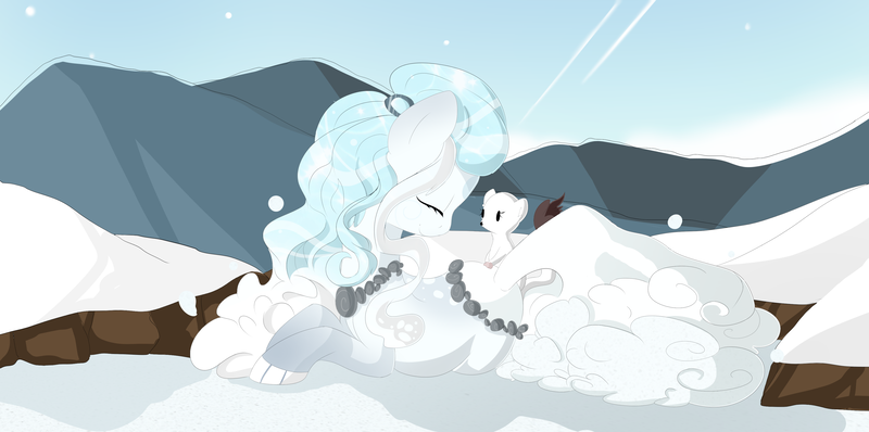 Size: 3776x1880 | Tagged: artist:xsidera, derpibooru import, ermine, eyes closed, female, mare, oc, oc:bianca, oc:neve, original species, pet, pet oc, pond pony, prone, safe, snow, unofficial characters only