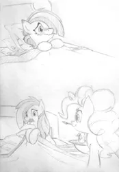 Size: 2013x2896 | Tagged: safe, artist:lalieri, derpibooru import, marble pie, pinkie pie, earth pony, pony, bed, bedroom, bedsheets, blushing, blushing profusely, caring for the sick, collaboration, comic, cute, disgusted, female, marblebetes, medicine, monochrome, open mouth, pie sisters, pie twins, siblings, sick, sisterly love, sisters, sketch, sniffling, spoon, thermometer, tongue out, traditional art, twins