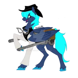 Size: 1024x1024 | Tagged: safe, artist:basykail, derpibooru import, oc, oc:prince thunderflare, unofficial characters only, pegasus, pony, clothes, hat, male, raised hoof, simple background, solo, stallion, transparent background, watermark, weapon