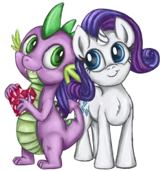 Size: 1698x1767 | Tagged: safe, artist:thebowtieone, derpibooru import, rarity, spike, dragon, pony, unicorn, baby, baby dragon, blue eyes, cute, cutie mark, female, fire ruby, gem, green eyes, head tilt, horn, jewel, looking at each other, male, mare, raribetes, shipping, simple background, small, smiling, sparity, spikabetes, straight, transparent background