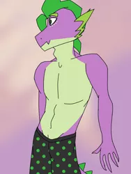 Size: 1200x1600 | Tagged: adult spike, artist:moonaknight13, ask-spike-the-demon, bare chest, boxers, clothes, derpibooru import, older, partial nudity, polka dots, polka dot underwear, pose, semi-anthro, sexy, simple background, sleepwear, solo, spike, stupid sexy spike, suggestive, topless, underwear