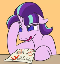 Size: 754x804 | Tagged: artist:jargon scott, derpibooru import, f, failure, floppy ears, inequality, inequality sign, math, open mouth, orange background, sad, safe, simple background, solo, starlight glimmer, stupidity, test, that pony sure does love equality