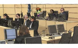 Size: 1280x800 | Tagged: artist:dantheman, clothes, computer, court, courtroom, derpibooru import, fanfic, fanfic art, fanfic:chrysalis visits the hague, flag, glass, glasses, headphones, human, international criminal court, judge, judges, lady justice, lawyer, microphone, pony on earth, prosecutor, robe, robes, safe, sketch, swift justice, table, trailer, trial, uniform