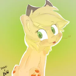 Size: 3000x3000 | Tagged: safe, artist:bow2yourwaifu, artist:dbleki, derpibooru import, applejack, pony, both cutie marks, collaboration, cute, ear fluff, fluffy, gradient background, heart, looking at you, looking back, silly, silly pony, sitting, solo, tongue out, who's a silly pony