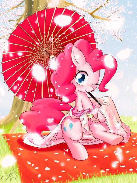 Size: 1200x1600 | Tagged: artist:phoenixperegrine, cherry blossoms, clothes, cute, derpibooru import, diapinkes, female, flower, flower blossom, flower petals, grass, kimono (clothing), looking at you, one eye closed, petals, pinkie pie, sakura pie, sitting, smiling, solo, solo female, suggestive, tree, umbrella, wink