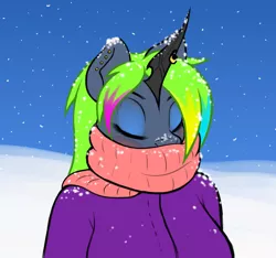 Size: 1280x1200 | Tagged: anthro, anthro oc, artist:funkybacon, clothes, coat, derpibooru import, ear piercing, eyes closed, female, oc, oc:becky, piercing, safe, scarf, simple background, snow, snowfall, solo, unofficial characters only, winter, winter outfit