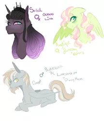 Size: 3000x3484 | Tagged: safe, artist:kittii-kat, derpibooru import, oc, oc:angelique, oc:butterscotch pie, oc:soleil, unofficial characters only, earth pony, pegasus, pony, unicorn, female, high res, lesbian, magical lesbian spawn, male, mare, offspring, parent:fluttershy, parent:rarity, parents:derpystone, parents:flarity, parents:lunatavia, prone, shipping, simple background, stallion, white background