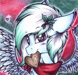 Size: 1024x984 | Tagged: artist:scootiegp, clothes, derpibooru import, heart, holly, oc, oc:greeny, safe, scarf, solo, traditional art, unofficial characters only