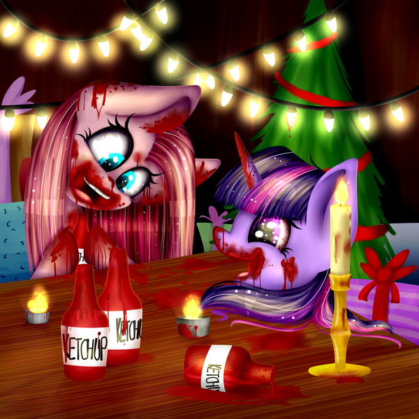 Size: 1861x1861 | Tagged: artist:lixthefork, blood, christmas, dead, decapitated, derpibooru import, food, implied murder, ketchup, misleading thumbnail, pinkamena diane pie, pinkie pie, sauce, semi-grimdark, severed head, twilight sparkle