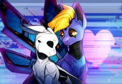 Size: 1250x862 | Tagged: safe, artist:lothard juliet, derpibooru import, oc, oc:electro blitz, oc:xn, unofficial characters only, original species, pony, ponymorph, robot, robot pony, abstract background, error, female, glitch, heart, male, shipping