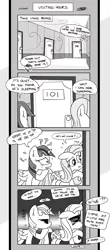 Size: 1451x3300 | Tagged: suggestive, artist:loreto-arts, derpibooru import, fluttershy, twilight sparkle, twilight sparkle (alicorn), alicorn, pony, comic:friendship is innuendo, comic, grayscale, implied diamond tiara, implied foalcon, implied sex, implied silver spoon, implied spike, implied threesome, monochrome, question mark