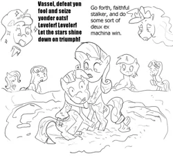 Size: 587x528 | Tagged: bon bon, derpibooru import, lyra heartstrings, monochrome, mud, mud wrestling, princess celestia, princess luna, rarity, safe, starlight glimmer, sweetie drops, twilight sparkle