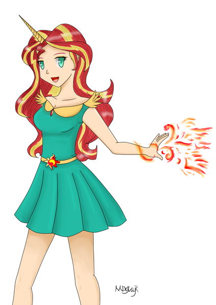 Size: 900x1273 | Tagged: dead source, safe, artist:mdeltar, derpibooru import, sunset shimmer, equestria girls, clothes, dress, horned humanization, humanized, magic, solo