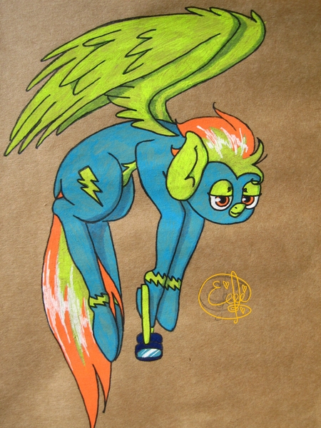 Size: 1819x2426 | Tagged: artist:fluffyjacky, clothes, derpibooru import, flying, goggles, safe, solo, spitfire, traditional art, wonderbolts uniform