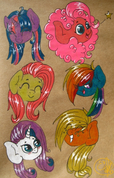 Size: 1623x2534 | Tagged: applejack, artist:fluffyjacky, bust, derpibooru import, eyes closed, fluttershy, mane six, pinkie pie, portrait, rainbow dash, rarity, safe, smiling, stars, traditional art, twilight sparkle