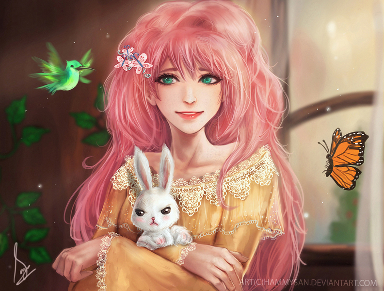 Size: 1817x1376 | Tagged: angel bunny, artist:hammysan, beautiful, bird, bust, butterfly, clothes, derpibooru import, dress, female, fluttershy, frown, holding, human, humanized, long hair, looking at you, portrait, safe, smiling