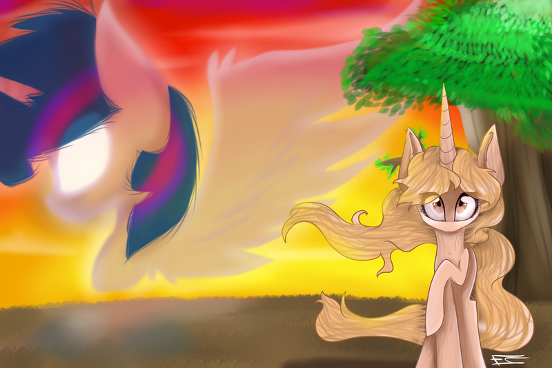 Size: 1024x683 | Tagged: safe, artist:feathershine1, derpibooru import, twilight sparkle, twilight sparkle (alicorn), oc, oc:taralicious, ponified, alicorn, pony, glowing eyes, raised hoof, sunset, tara strong, tree