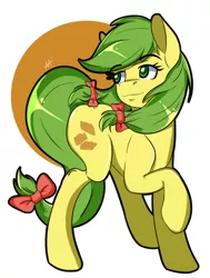 Size: 478x632 | Tagged: safe, artist:shelltoon, derpibooru import, apple fritter, earth pony, pony, apple family member, background pony, bow, hair bow, raised hoof, solo, tail bow