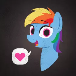 Size: 2637x2637 | Tagged: safe, artist:selenophile, derpibooru import, rainbow dash, pony, bust, cute, female, heart, logo, looking at you, mare, open mouth, pictogram, portrait, shirt design, short hair, smiling, solo, speech bubble