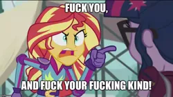 Size: 800x450 | Tagged: safe, derpibooru import, edit, edited screencap, screencap, sci-twi, sunset shimmer, twilight sparkle, equestria girls, friendship games, angry, black ops 2, call of duty, call of duty zombies, caption, exploitable meme, image macro, meme, mob of the dead, salvatore deluca, sunset yells at twilight, vulgar