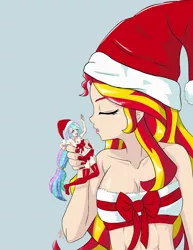Size: 1530x1980 | Tagged: artist:icesticker, breasts, cleavage, clothes, commission, derpibooru import, eyes closed, female, hat, human, humanized, lesbian, long hair, micro, midriff, nail polish, open mouth, pixiv, princess celestia, santa hat, shipping, size difference, skirt, suggestive, sunsestia, sunset shimmer
