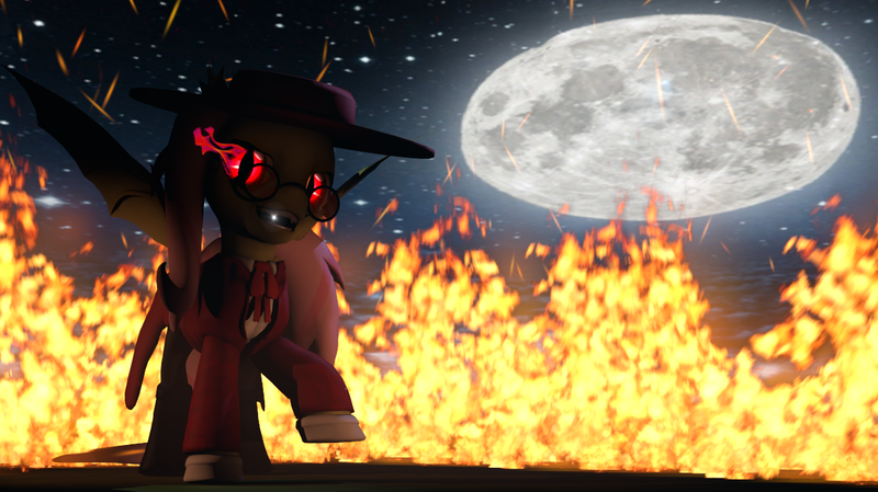 Size: 1191x669 | Tagged: 3d, alushy, artist:crimsondusk, crossover, derpibooru import, fire, fluttershy, glowing eyes, hellsing, hellsing ultimate abridged, moon, night, safe, source filmmaker