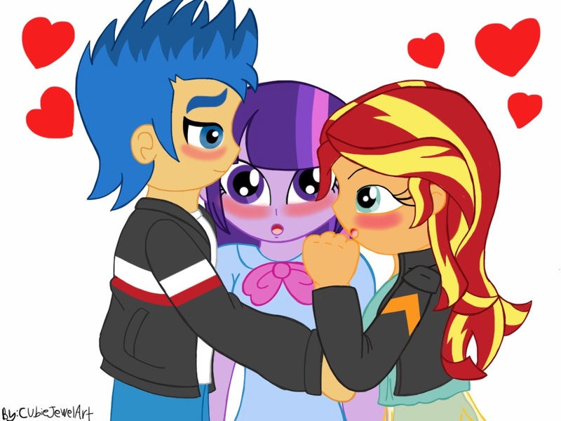 Size: 1024x768 | Tagged: safe, artist:cubiejewelart, derpibooru import, flash sentry, sunset shimmer, twilight sparkle, equestria girls, bisexual, blushing, female, flashlightshimmer, gray background, heart, lesbian, love triangle, male, polyamory, shipping, simple background, straight