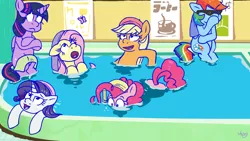 Size: 1280x720 | Tagged: safe, artist:apple-jazzy, derpibooru import, applejack, fluttershy, pinkie pie, rainbow dash, rarity, twilight sparkle, twilight sparkle (alicorn), alicorn, pony, crossover, mane six, osomatsu-san, sunglasses, swimming pool, water