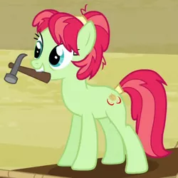 Size: 434x434 | Tagged: safe, derpibooru import, screencap, apple dumpling, earth pony, pony, apple family reunion, apple family member, background pony, cropped, female, hammer, mare, mouth hold, solo