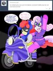 Size: 2252x3001 | Tagged: annoyed, apple bloom, artist:blackbewhite2k7, batgirl, batman, catgirl, crossover, derpibooru import, excited, kitrina falcone, motorcycle, riding, safe, sweetie belle