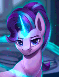 Size: 504x650 | Tagged: safe, artist:rodrigues404, derpibooru import, starlight glimmer, pony, unicorn, animated, book, cinemagraph, female, gif, glowing horn, horn, lidded eyes, looking at you, magic, magic aura, mare, perfect loop, smiling, smirk, solo, sparkles