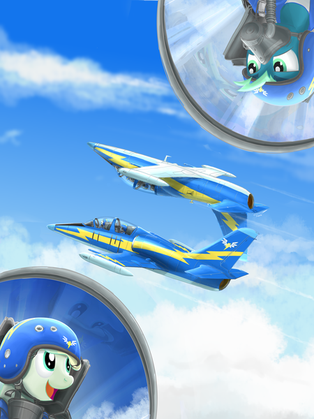 Size: 1280x1707 | Tagged: safe, artist:buckweiser, derpibooru import, sky stinger, vapor trail, aero l-39 albatros, aerobatics, cockpit, helmet, male, oxygen mask, plane, shipping, straight, upside down, vaporsky, wonderbolts