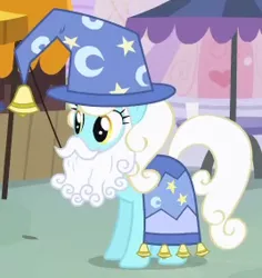 Size: 268x284 | Tagged: safe, derpibooru import, screencap, serena, earth pony, pony, three's a crowd, background pony, bells, clothes, costume, cropped, fake beard, female, hat, mare, solo, star swirl the bearded costume, wizard hat