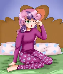 Size: 1800x2100 | Tagged: artist:focusb, barefoot, bed, clothes, derpibooru import, feet, human, humanized, kneeling, messy hair, morning ponies, one eye closed, pajamas, safe, sleepy, solo, sweetie belle, yawn