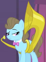 Size: 642x870 | Tagged: safe, derpibooru import, screencap, beauty brass, pony, the best night ever, background pony, bowtie, cropped, female, mare, musical instrument, raised eyebrow, sideways glance, solo, sousaphone, tuba